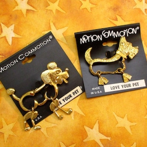 VINTAGE Articulated Gold Plated Dog Brooch Pair: KK/ED Motion Commotion Dog Pins