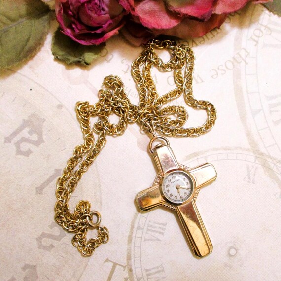 GOTHAM Gold Filled Swiss Cross Watch Necklace~ VINTAGE  display picture 2