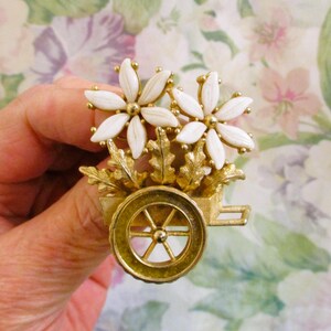 TORTOLANI 24K Gold Plate Milk Glass Flower Cart Brooch~ VINTAGE Gold White Floral Statement Brooch~ DESIGNER Flower Hand Cart Figural Brooch