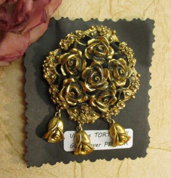 TORTOLANI Antiqued 24K Gold Plate Rose Dangle Bro… - image 6
