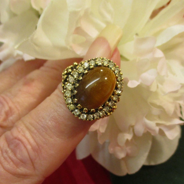 18KT HGE Rhinestone Gemstone Ring ~ Tiger Eye Gold Plate Rhinestone Signed Ring ~ Vintage 18KT HGE Gemstone Cocktail Ring ~ Renaissance Ring