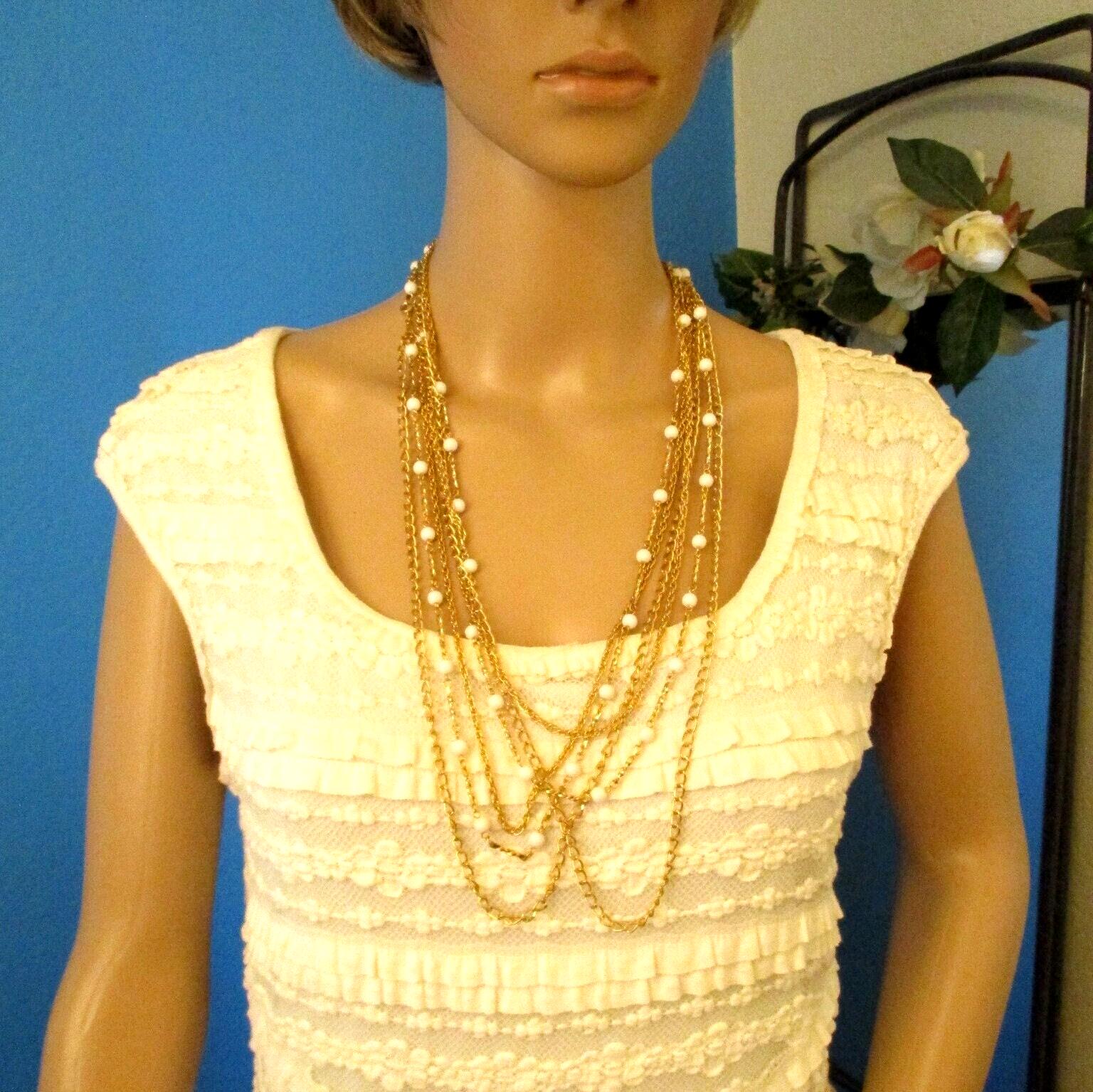 Two VINTAGE Milk Glass Bead Gold Chain Necklace Lot ~ Multi-Strand White Bead Gold Plate Necklaces ~ Gold Chain 24"-32" MILK GLASS Necklaces