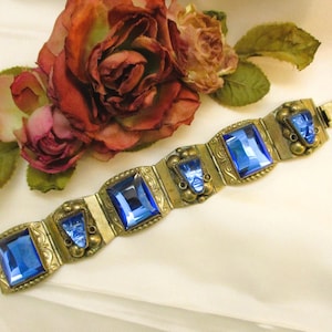 Vintage TAXCO Sterling Silver Aztec Warrior Blue Glass ~ 925 Cobalt Blue Figural Link Bracelet
