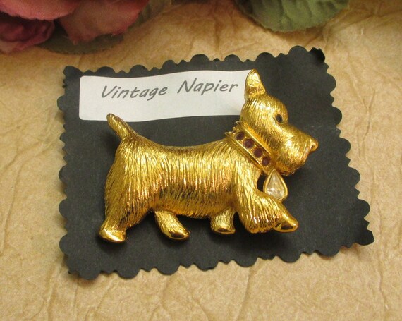 NAPIER Rhinestone Gold Plate Terrier Dog Brooch ~… - image 6