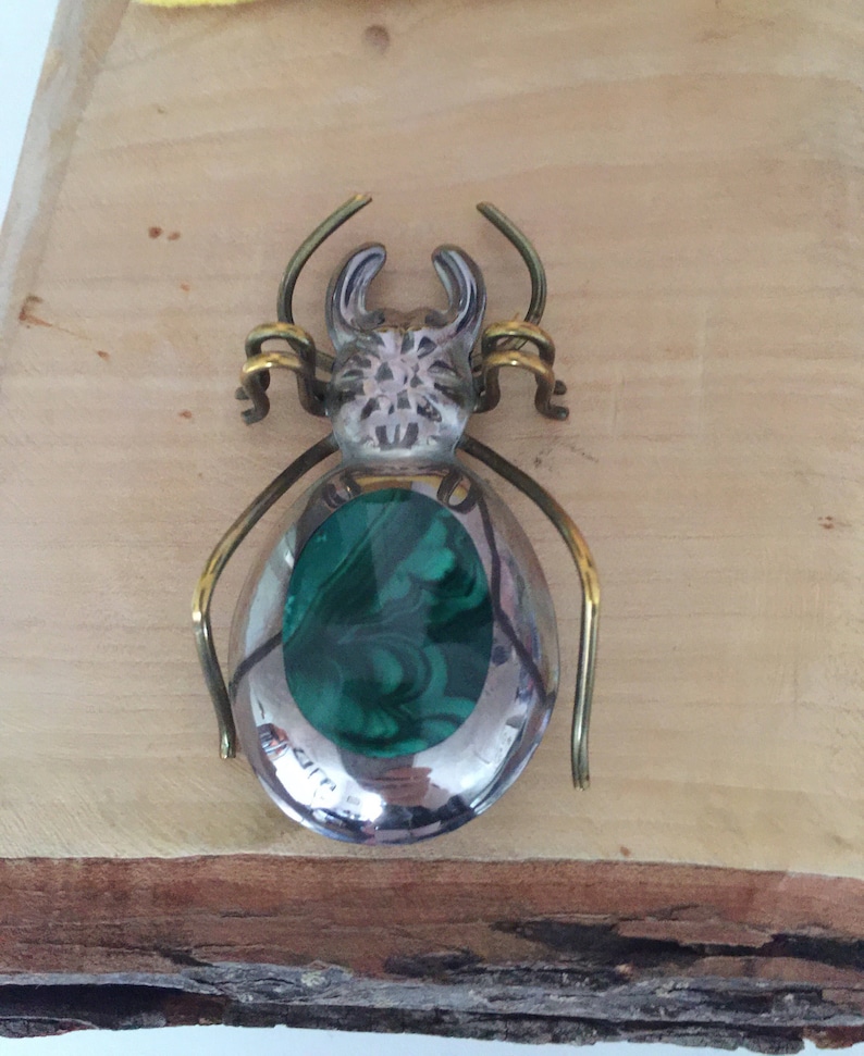 3D Spider Brooch 925 Silver with Natural Patina and Green Stone Vintage Silver Brooch