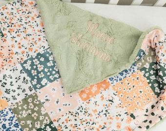 Personalized Blanket, Garden Squares Faux Patchwork Floral Minky Baby Blanket with Name or Monogram
