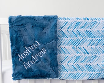 Baby Blue Herringbone Personalized Baby Blanket, Minky Baby Blanket, Baby Blanket with Name, Monogram Baby Blanket, Baby Shower Gift