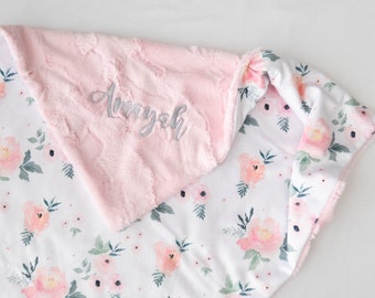 Blush Roses Floral Personalized Baby Blanket, Soft Baby Blanket with Name, Baby Shower Gift, Monogrammed Baby Blanket, Newborn Gift Basket