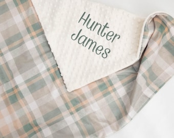Personalized Blanket, Sage and Beige Plaid Minky Baby Blanket with Name or Monogram