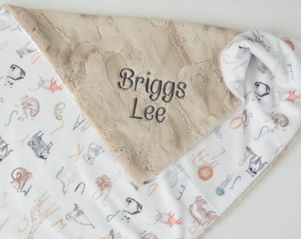 ABC Animals Personalized Baby Blanket - Minky Baby Blanket - Baby Blanket with Name - Monogram Baby Blanket - Gender Neutral Baby Gift