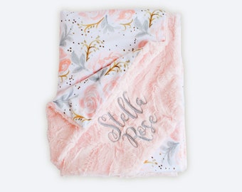 Personalized Baby Blanket, Minky Baby Blanket, Baby Blanket with Name, Monogram Blanket, Floral Blanket, Baby Girl Blanket, Champagne Rose