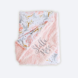 Personalized Baby Blanket, Minky Baby Blanket, Baby Blanket with Name, Monogram Blanket, Floral Blanket, Baby Girl Blanket, Champagne Rose image 1