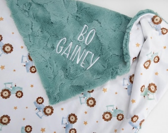 Personalized Blanket, Little Tractors Minky Baby Blanket with Name or Monogram