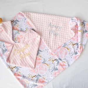 Manta de bebé personalizada, manta de bebé Minky, manta de bebé con nombre, manta de monograma, manta floral, manta de niña, rosa champán imagen 3