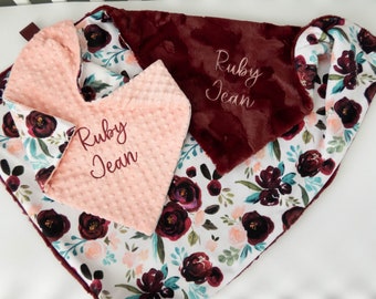 Valentina Rose Floral Personalized Baby Blanket, Christmas Gift with Name, Maroon Baby Blanket with Name,  Monogrammed Baby Blanket