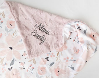 Grace Floral Baby Decke, personalisierte Baby Decke, Monogramm, neues Baby Geschenk, Baby Mädchen Kinderzimmer, Mädchen Baby Decke, rosa und graues Dekor