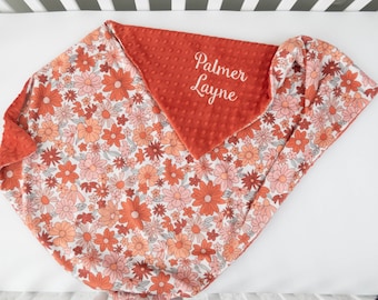 Retro Floral Personalized Baby Blanket, Minky Baby Blanket, Baby Blanket with Name, Monogram Baby Blanket, Baby Girl Gift, Baby Shower Gift