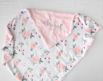 Blush Roses Floral Personalized Baby Blanket, Soft Baby Blanket with Name, Baby Shower Gift, Monogrammed Baby Blanket, Newborn Gift Basket