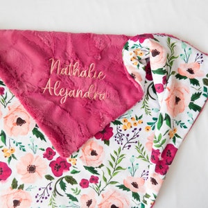 Josie Floral Personalized Baby Blanket, Minky Floral Baby Blanket with Name, Personalized Baby Blanket, Pink Baby Blanket, Baby Gift