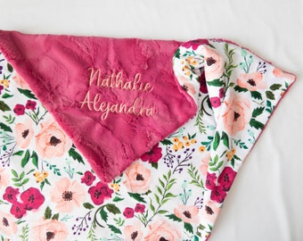 Josie Floral Personalized Baby Blanket, Minky Floral Baby Blanket with Name, Personalized Baby Blanket, Pink Baby Blanket, Baby Gift