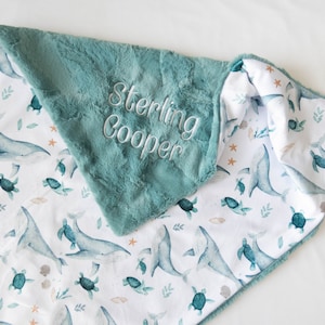 Under The Sea Personalized Baby Blanket, Ocean Animals Minky Baby Blanket, Baby Blanket with Name, Monogram Baby Blanket, Baby Gift image 2