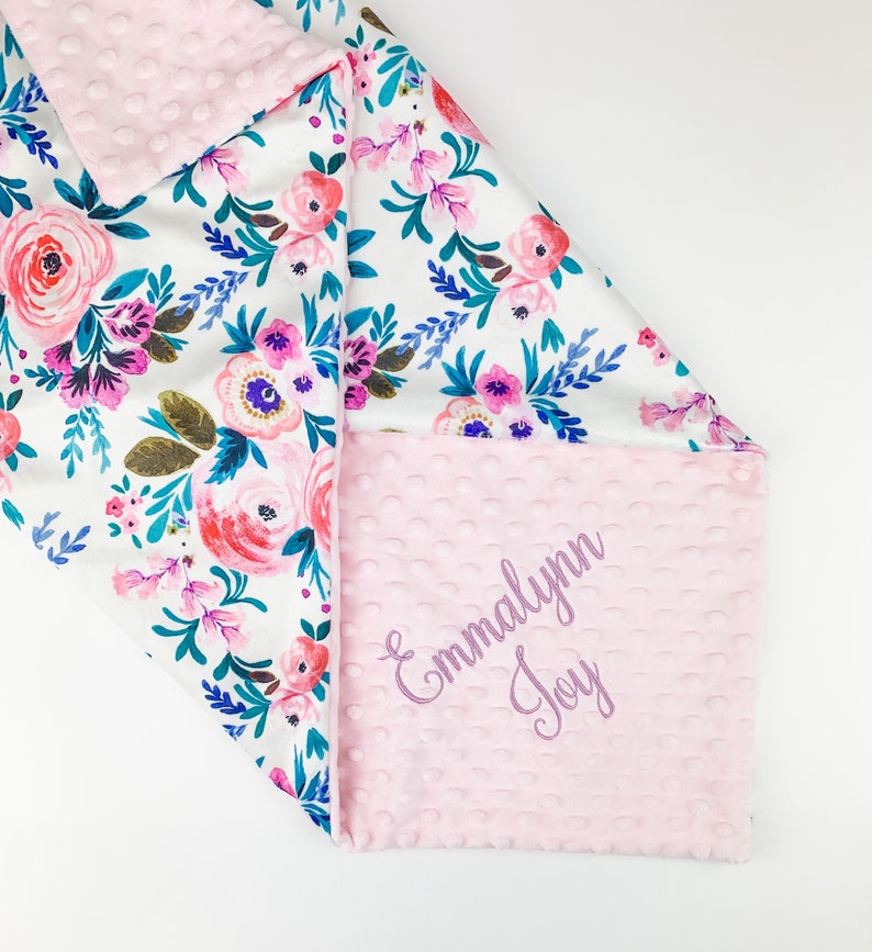 Floral Personalized Baby Blanket, Baby Girl Baby Blanket, Minky Blanket with Name, Monogrammed Baby Girl Blanket, Baby Gift, Victoria Floral image 2