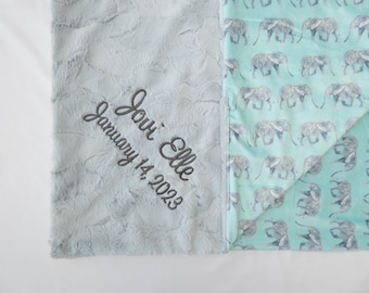 Elefantes - Manta de bebé personalizada - Manta Minky - Manta de bebé con nombre - Manta de bebé con monograma - Manta de elefante - Género neutro