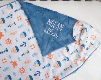 Sailing Friends Nautical Personalized Blanket,  Minky Baby Blanket with Name or Monogram