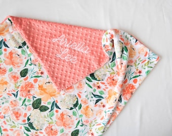 Peaches and Cream Floral, Personalized Baby Blanket, Baby Girl, Green Nursery, Floral Baby Blanket, Baby Name, Monogrammed, Baby Shower Gift