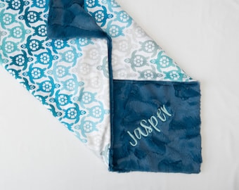 Sea Turtle Baby Blanket, Personalized Baby Shower Gift, Blue Nursery, Turtle Baby Blanket, Aquatic Baby Gift, Nautical Nursery