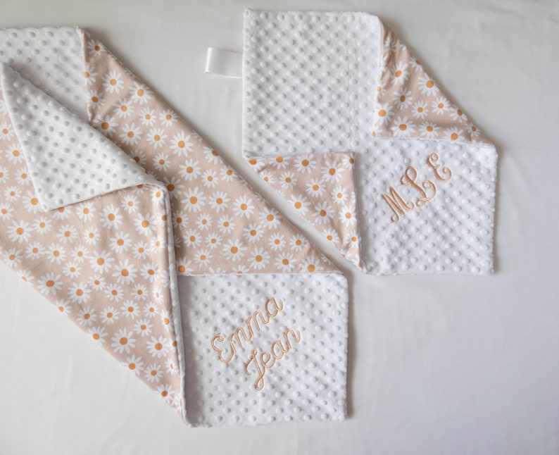 Tan Daisy Floral Personalized Baby Blanket, Minky Baby Blanket, Baby Blanket with Name, Monogram Baby Blanket, Daisies, Floral Baby Gift image 3