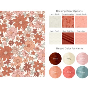 May include: A floral pattern with orange, pink, and brown flowers on a cream background.  The image shows color options for backing fabric and thread color for a name.