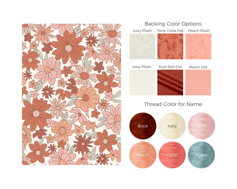 May include: A floral pattern with orange, pink, and brown flowers on a cream background.  The image shows color options for backing fabric and thread color for a name.
