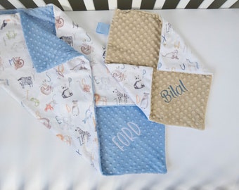 ABC Animals Personalized Baby Blanket - Minky Baby Blanket - Baby Blanket with Name - Monogram Baby Blanket - Gender Neutral Baby Gift