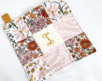 Personalized Patchwork Minky with Initial or Monogram Handheld Size Lovey Blankie, Blush Florals