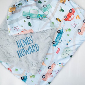 Autos Babydecke, personalisiert, Baby-Dusche-Geschenk, blaues Kinderzimmer, Jungen-Baby-Decke, Straßenkarte-Baby-Geschenk, Baby-Geschenk für Jungen, Baby-Dusche-Geschenk