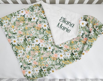 New! Personalized Blanket, Soft Sage Floral Minky Baby Blanket with Name or Monogram