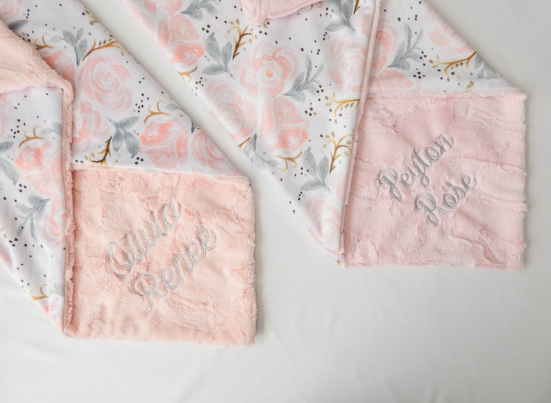 Personalized Baby Blanket, Minky Baby Blanket, Baby Blanket with Name, Monogram Blanket, Floral Blanket, Baby Girl Blanket, Champagne Rose image 4