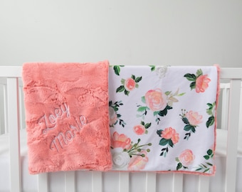 Blushed Coral Floral Personalized Baby Blanket, Minky Baby Blanket, Baby Blanket with Name, Monogram Blanket, Floral Blanket, Baby Girl Gift