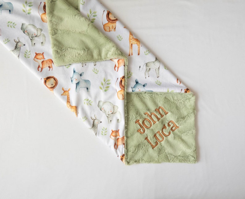 Safari Animals Personalized Baby Blanket Minky Baby Blanket Baby Blanket with Name Monogram Baby Blanket Gender Neutral Baby Gift image 1
