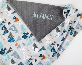 Max's Adventure Baby Blanket, Personalized, Baby Shower Gift, Blue Nursery, Boy Baby Blanket, Mountains Baby Gift, Adventure Awaits