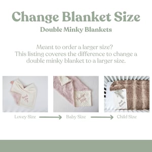 May include: Three minky blankets in different sizes: a small lovey, a larger baby blanket, and a child-sized blanket. The blankets are all white with a pink minky backing. The baby blanket has the text "Sleeping Baby" embroidered on it. The child-sized blanket is in a crib.