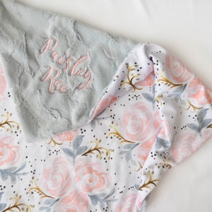 Personalized Baby Blanket, Minky Baby Blanket, Baby Blanket with Name, Monogram Blanket, Floral Blanket, Baby Girl Blanket, Champagne Rose image 5