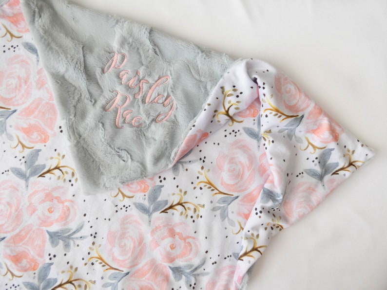 Personalized Baby Blanket, Minky Baby Blanket, Baby Blanket with Name, Monogram Blanket, Floral Blanket, Baby Girl Blanket, Champagne Rose image 5