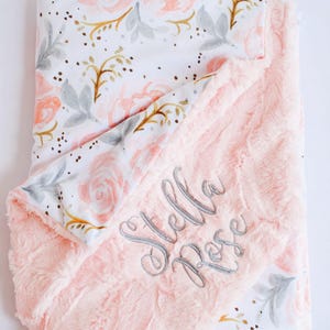 Personalized Baby Blanket, Minky Baby Blanket, Baby Blanket with Name, Monogram Blanket, Floral Blanket, Baby Girl Blanket, Champagne Rose