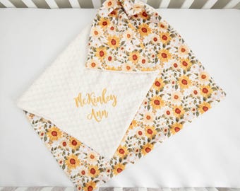 Sunny Sunflowers Floral Personalized Baby Blanket, Minky Baby Blanket, Baby Blanket with Name, Monogram Baby Blanket, Baby Gift