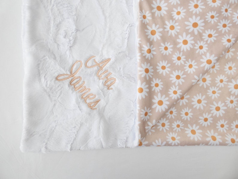 Tan Daisy Floral Personalized Baby Blanket, Minky Baby Blanket, Baby Blanket with Name, Monogram Baby Blanket, Daisies, Floral Baby Gift image 2