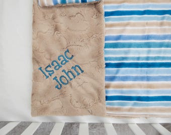 Personalized Blanket, Blue Stripes Minky Baby Blanket with Name or Monogram