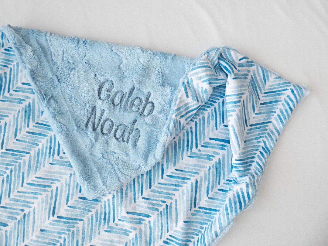 Baby Blue Herringbone Personalized Baby Blanket, Minky Baby Blanket