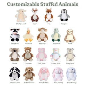 May include: A collection of customizable stuffed animals arranged in a grid, including a lamb, deer, fox, penguin, cow, chicken, monkey, alligator, sloth, koala, various bears, a border collie, labradoodle, and rabbits with the text Customizable Stuffed Animals.